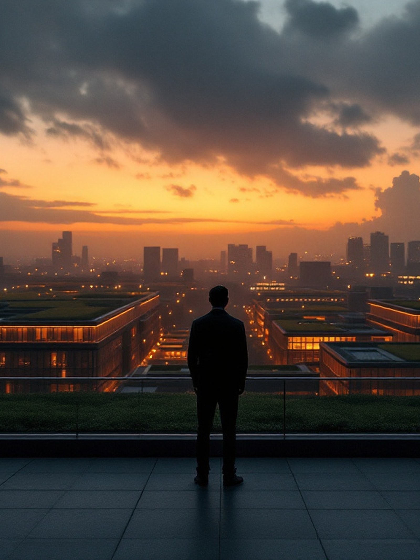 Eine Person auf einer Dachterrasse blickt in der Abenddämmerung über eine erleuchtete Stadtlandschaft — Entscheidung statt Archiv