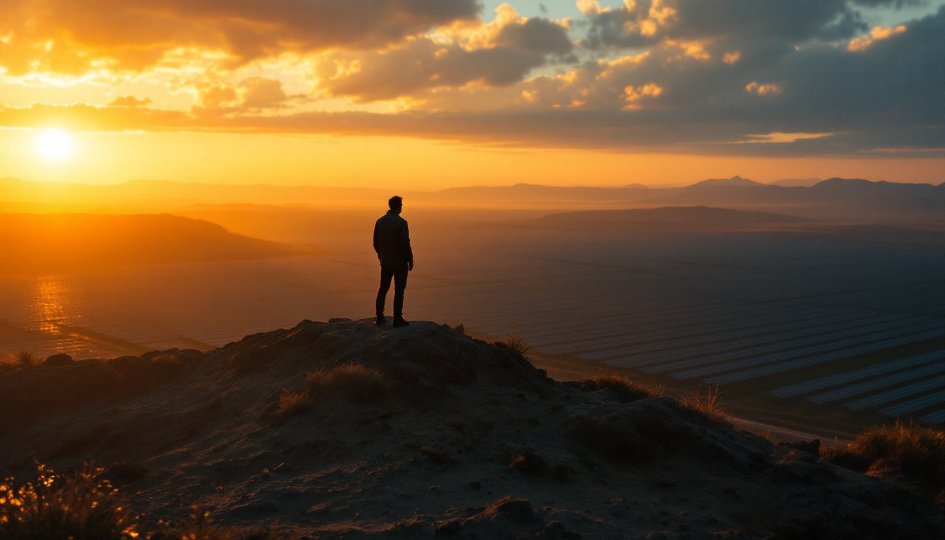 Eine ruhige Silhouette an einem Aussichtspunkt über einem Solarfeld im Morgenlicht — der Mensch behält den Überblick, statt von der Technik verschluckt zu werden