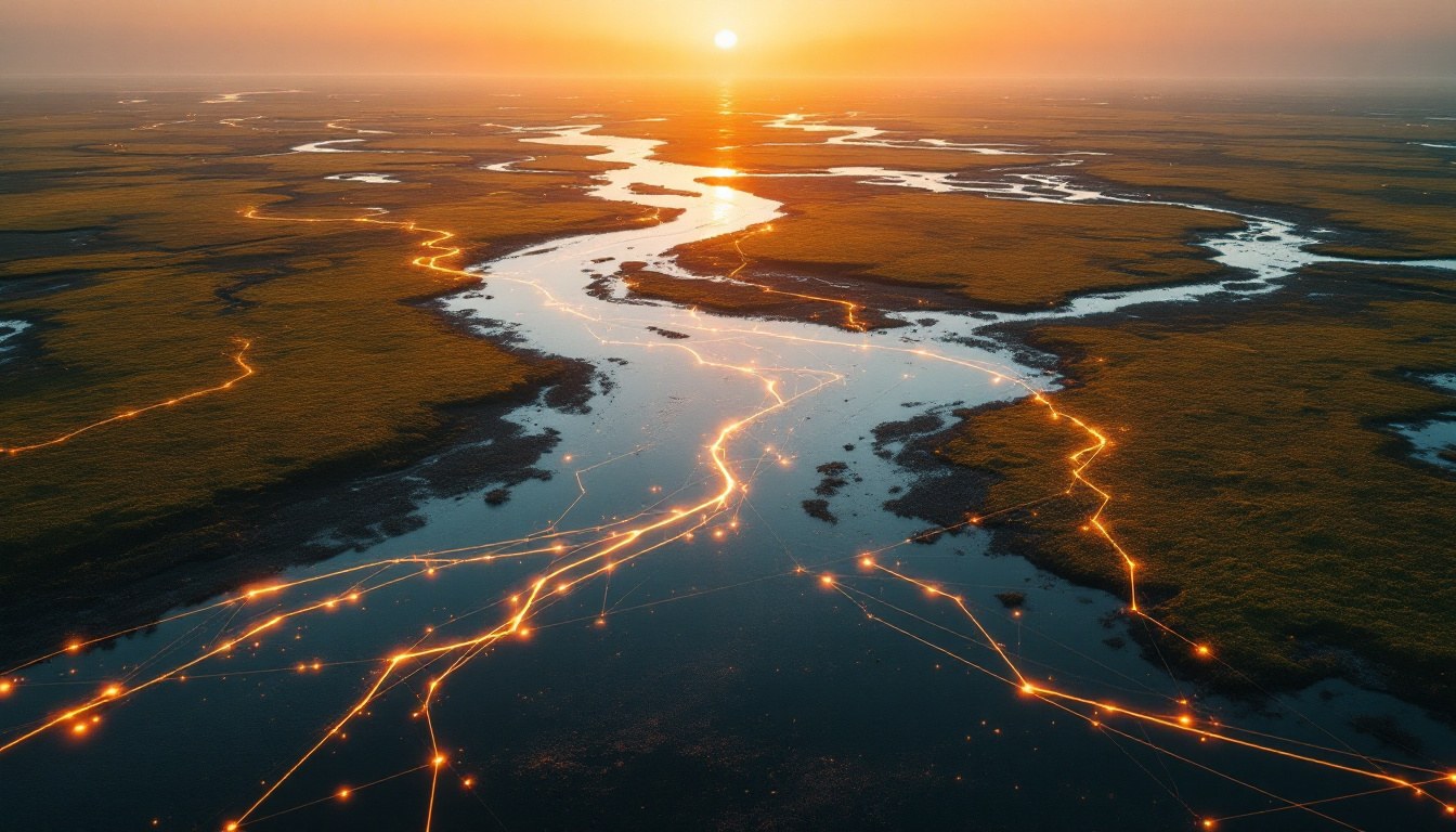 Luftaufnahme eines Flussdeltas mit einer dünnen Datenvisualisierungs-Ebene aus Bernsteinlicht darüber — unsichtbare Zusammenhänge sichtbar gemacht