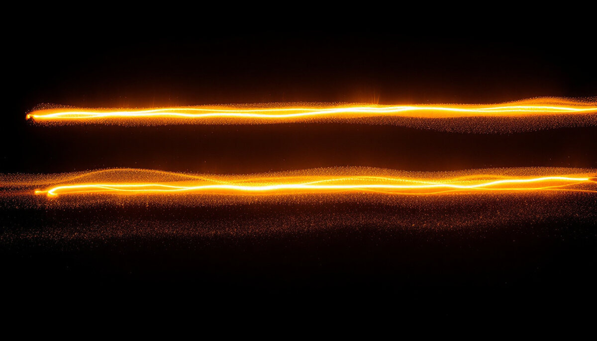 Abstrakte Lichtskulptur: zwei klare Signalstreifen in Bernsteinlicht — Sinnbild für CP INSIGHTS
